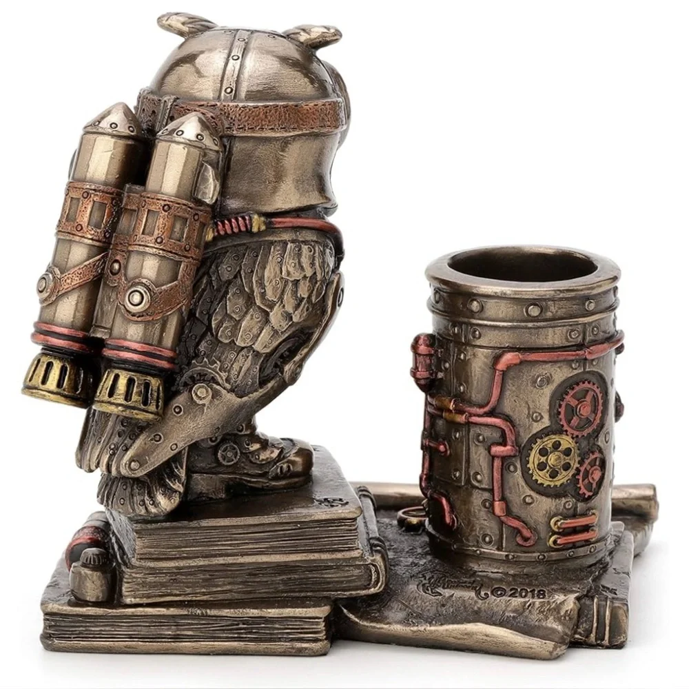 Steampunk Owl Cell Phone Pen Desk Statue Figurine Bronze Aviator Space Halloween